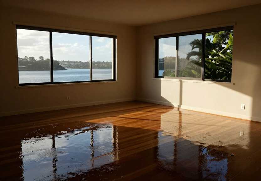 Flooded living room in Glenbrook with waterlogged carpet and furniture