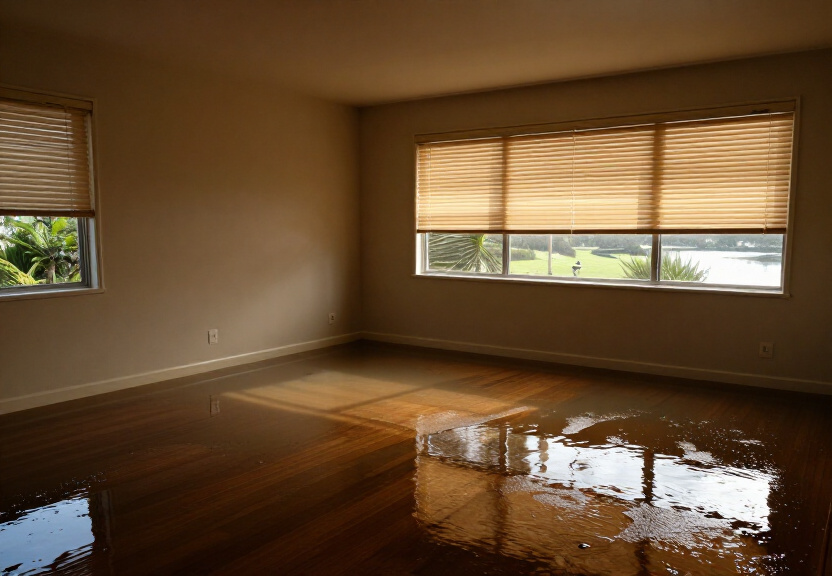 Water-damaged kitchen in Glenbrook with soaked cabinets and peeling flooring
